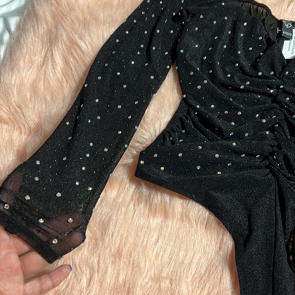 Windsor Black Long-Sleeve Rhinestone Ruched Bodysuit - Picture 7 of 7